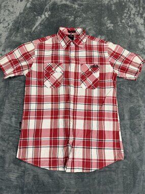Enyce Red White Plaid Button-Up Short Sleeve Shirt Mens Medium Cotton Blend